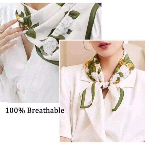 Roizsx Fashion Head Scarf Square Satin for Hair Beach Print Flower White/Green - Picture 4 of 7